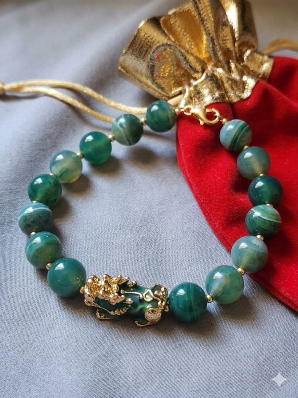 Green Striped Agate Feng Shui Pixiu Bracelet